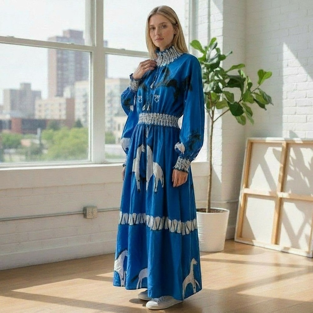 Sunday Up Maxi Dress Womens M Blue Horse Print Smocked Mock Neck Long Sleeve
